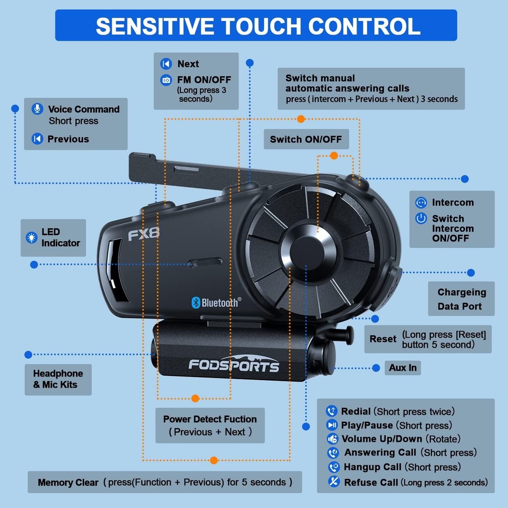 FX8 Motorcycle Helmet Intercom Intercom Bluetooth Rider Headset 2000M FM