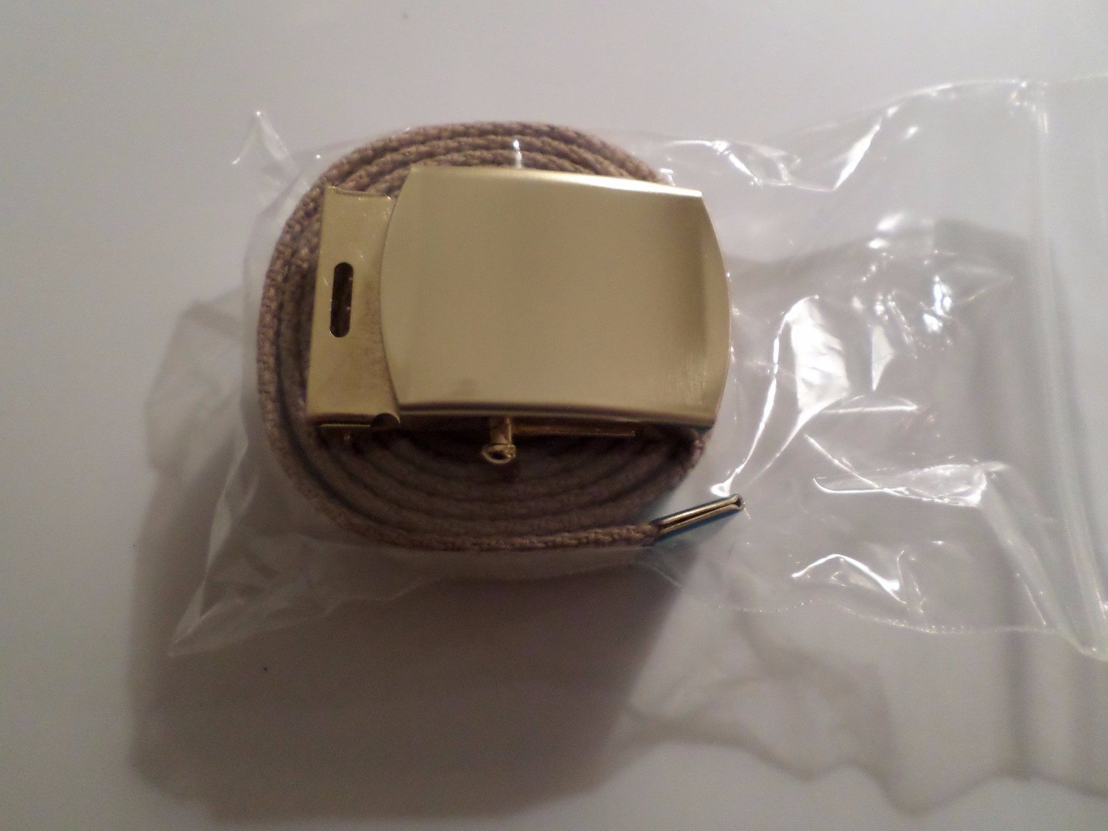 U.S MILITARY KHAKI WEB BELT WITH SOLID BRASS BUCKLE U.S.A MADE 54" HEAVY WEB