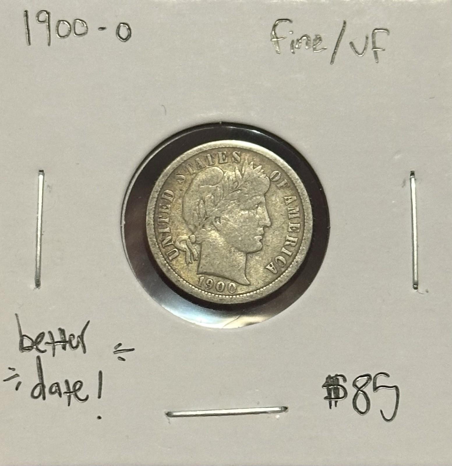 1900-O Barber Dime F+/VF ~Better Date!~