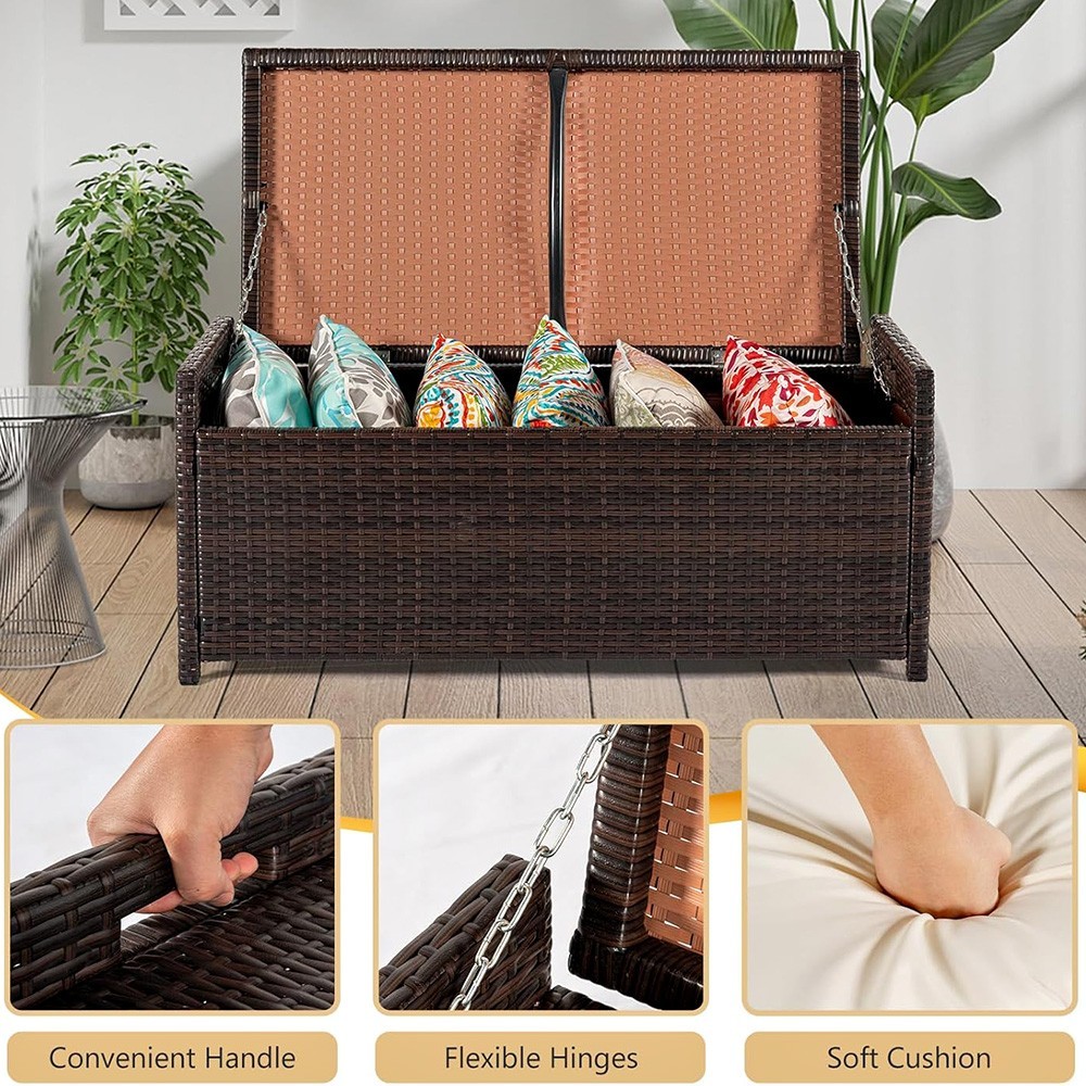 WICKER DECK OUTDOOR STORAGE BOX RATTAN BENCH HAND-WOVEN WITH CUSHION 55 GALLON