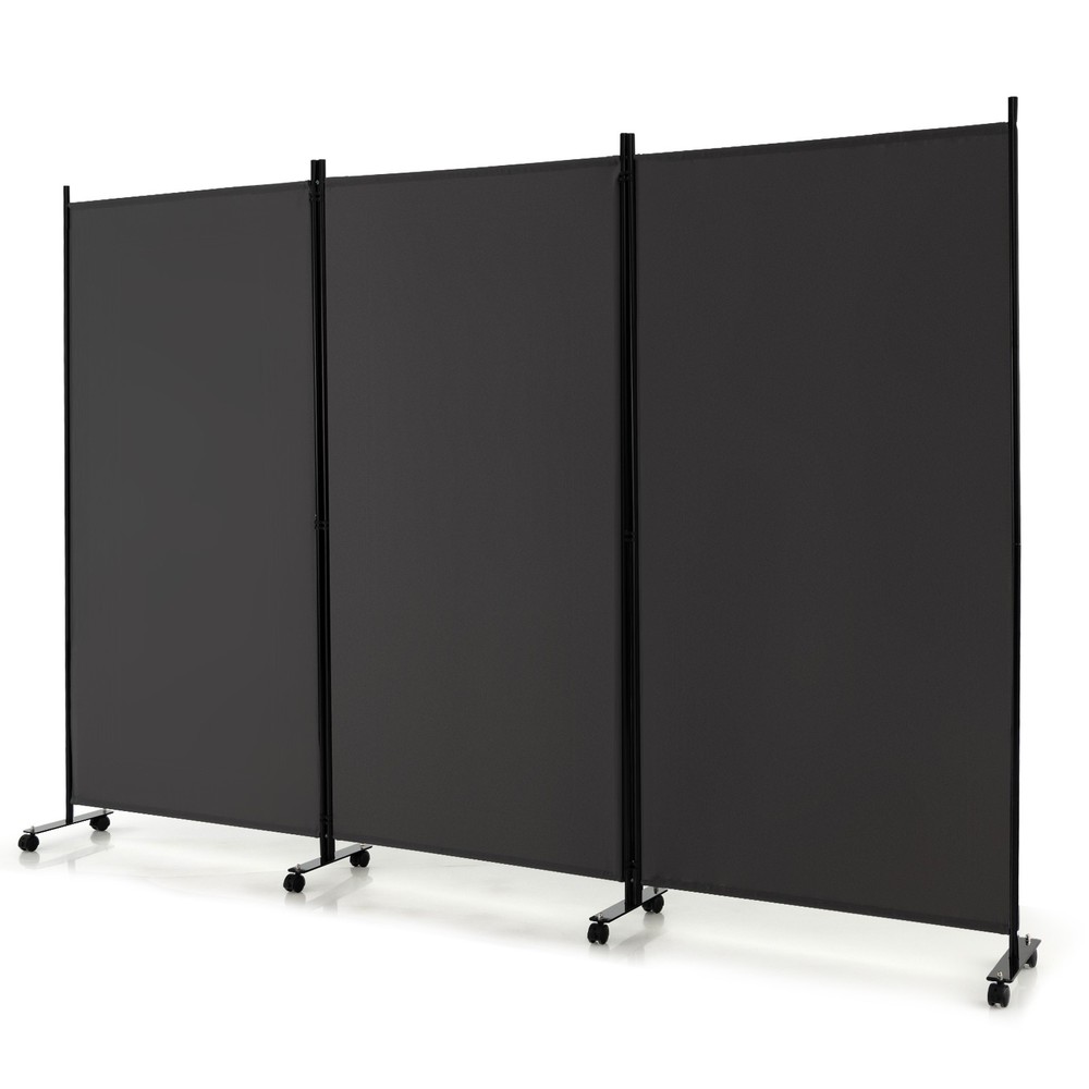 3-Panel Folding Room Divider 6Ft Rolling Privacy Screen w/Lockable Wheels Grey