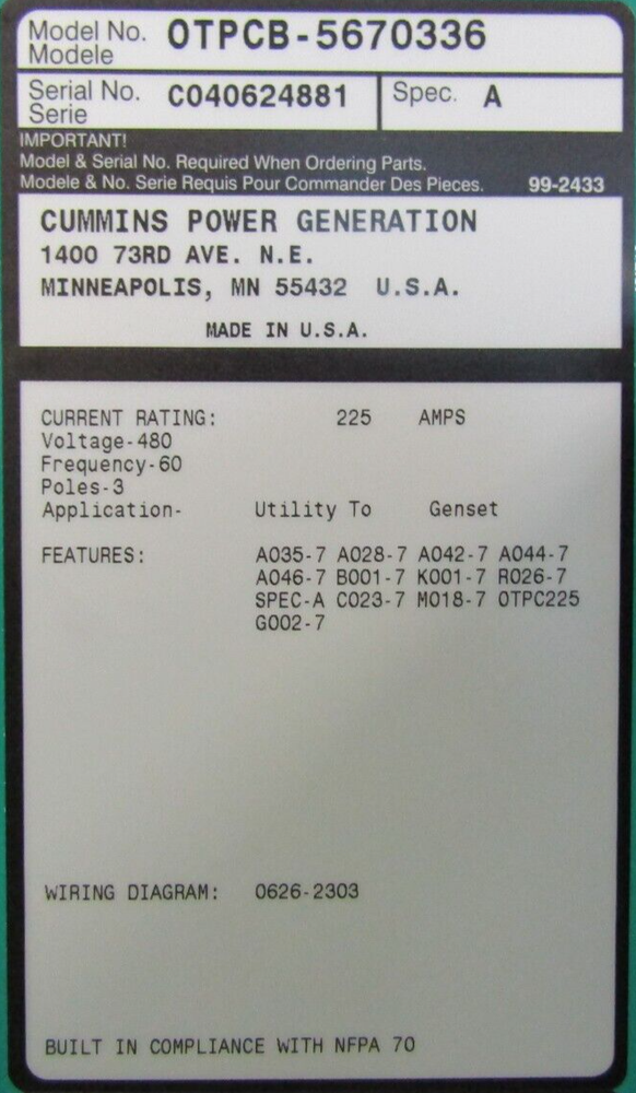 🤓CUMMINS 225 AMP AUTOMATIC TRANSFER SWITCH 480 VAC 3 POLE SPEC A OTPCB-5670336