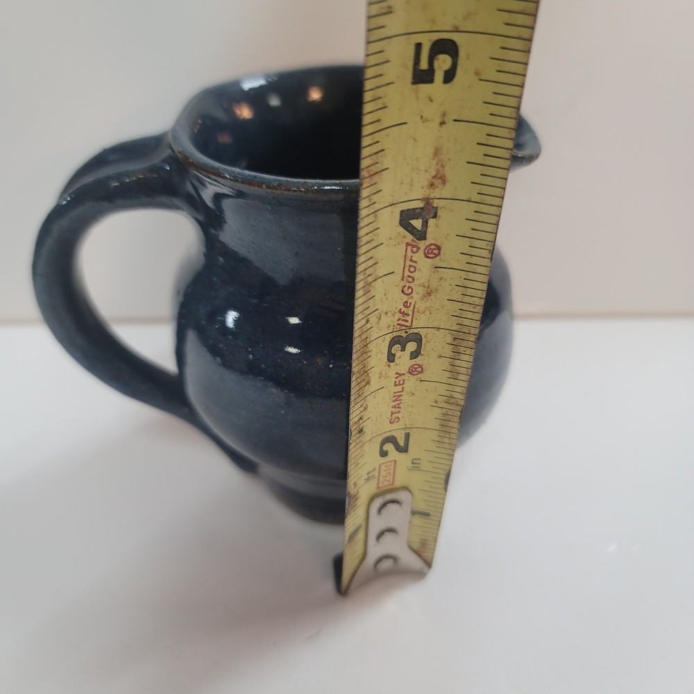 Tiny blue pitcher vase art pottery signed 1990 4" tall with handle