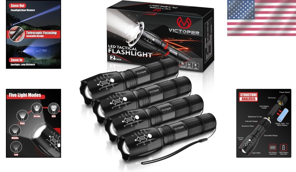 Compact 4-Pack LED Flashlights - 2000 Lumens, Waterproof & Adjustable Modes