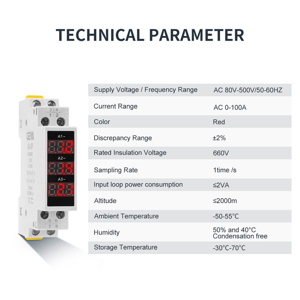 GEYA Current Meter Single Three Phase Modular AC0A-100A LED Display 80V-500V