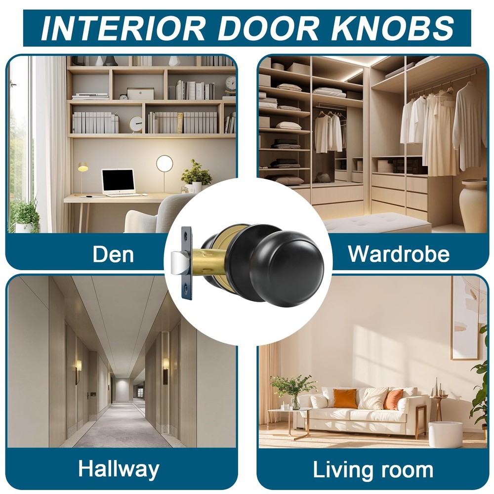 Passage Door Knobs, 4 Pack Matte Black Door Knobs, for Hallway & Closet Non-L...