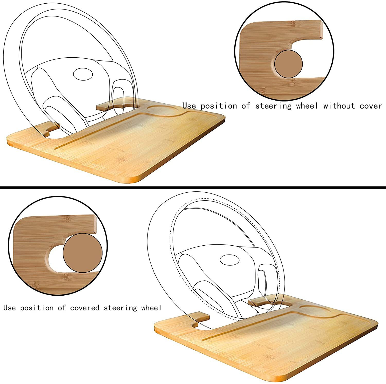2 in 1 Car Steering Wheel Desk Bamboo Steering Wheel Tray Car Laptop Food Table