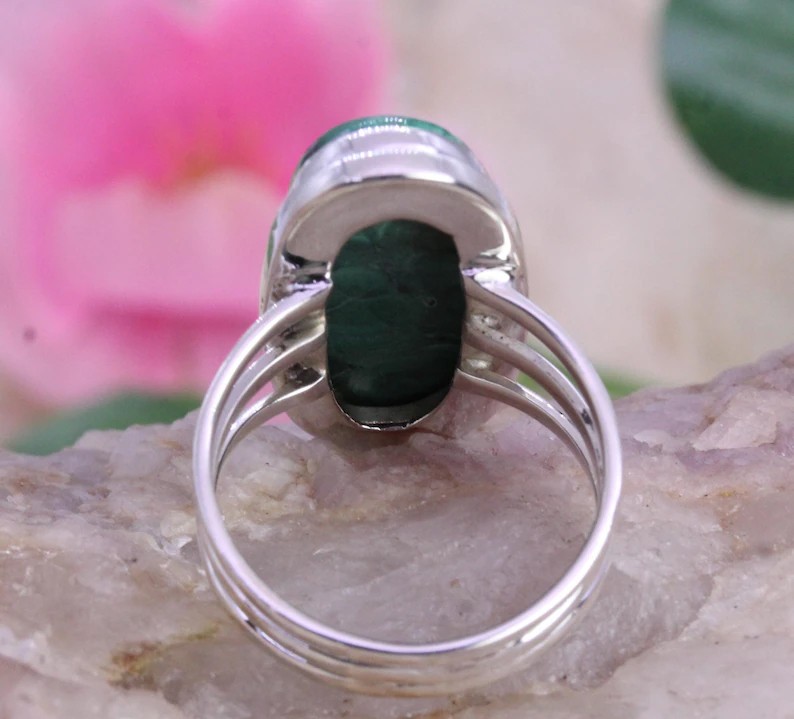 Solid 925 Sterling Silver Natural Malachite Oval Gemstone Statement Band Ring