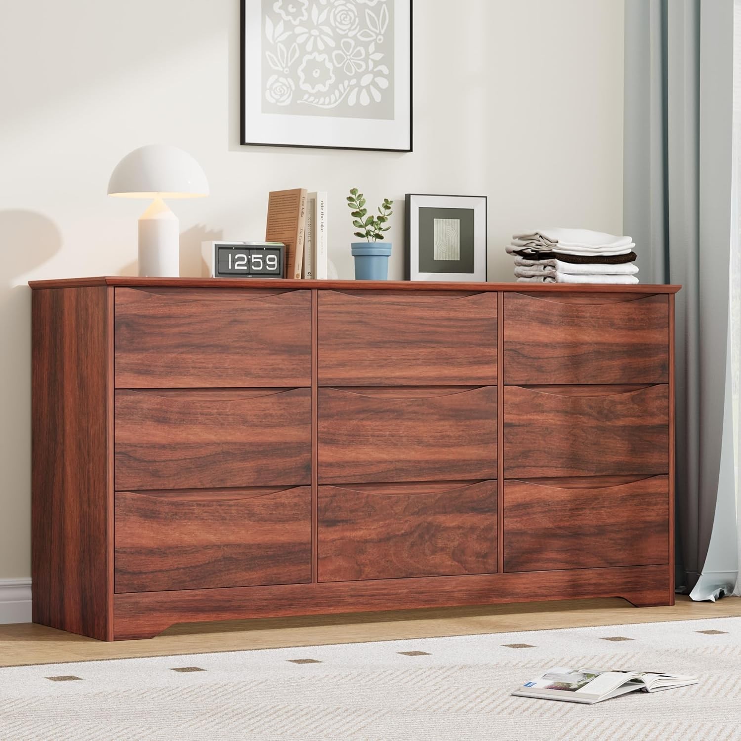 Wooden 9 Dresser for Bedroom, Long Storage Dresser Modern Closet for Bedroom
