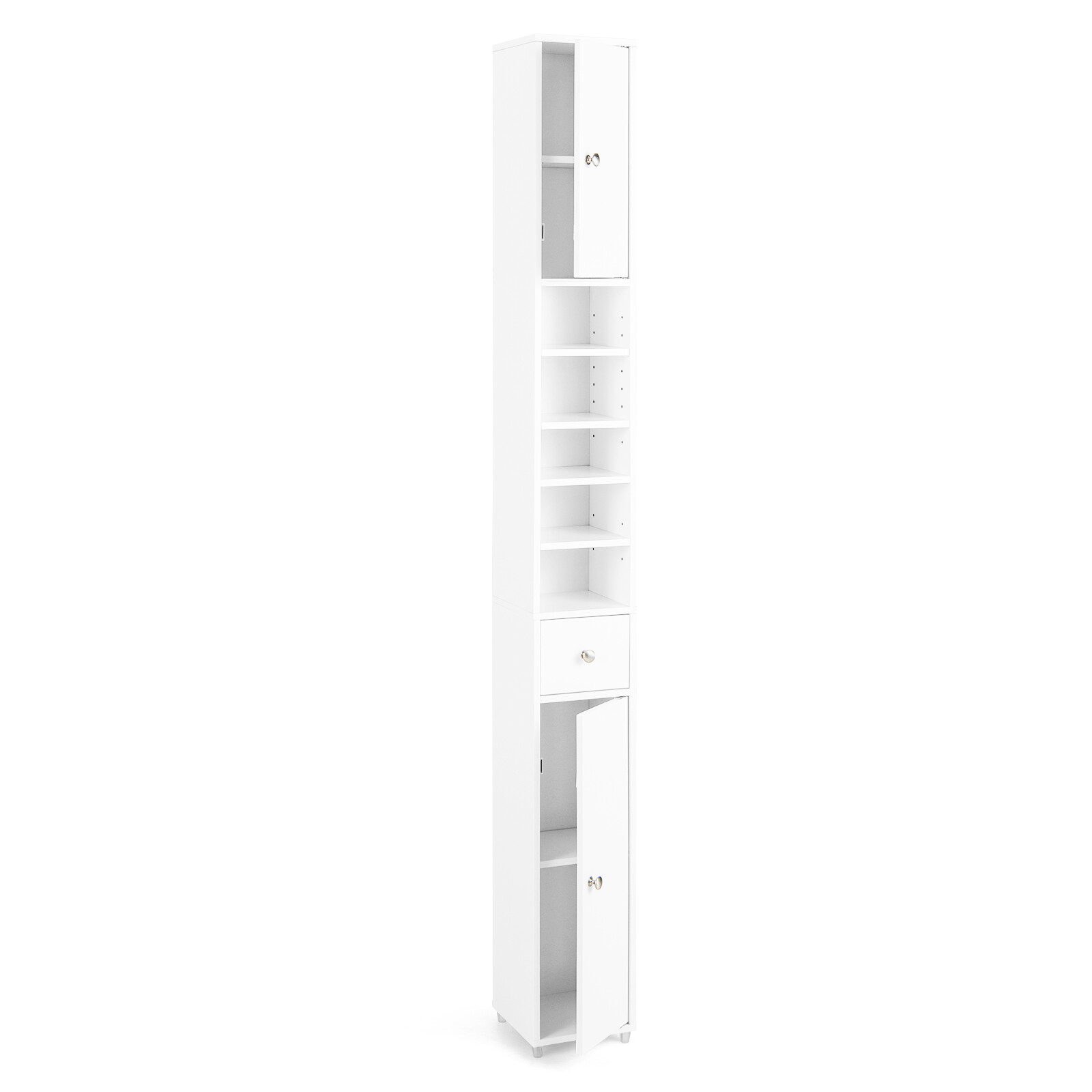 Tall Slim Bathroom Storage Cabinet Linen Tower w/ Drawer & Adjustable Shelves