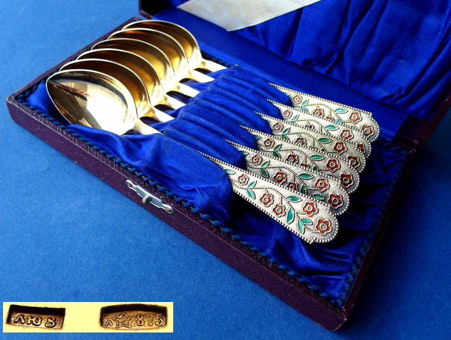 Set, 6 Beautiful Teaspoons/ Spoons, Russia, Enamel, 875 Silver E541