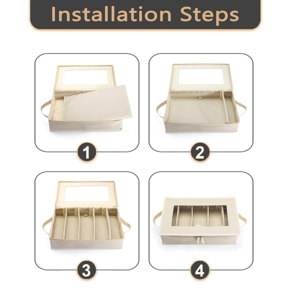 Flatware Utensil Storage Case, Beige Silverware Storage Box Chest with Adjust...