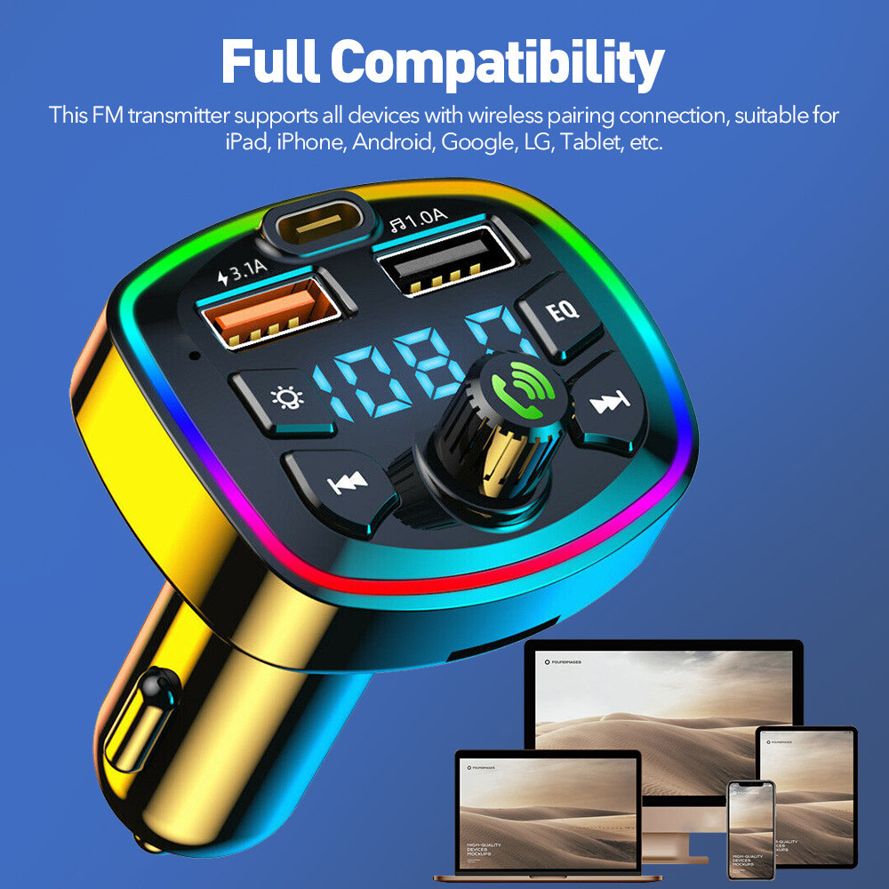 Bluetooth 5.0 Car Wireless FM Transmitter Adapter 2USB PD Charger Hands-Free USA