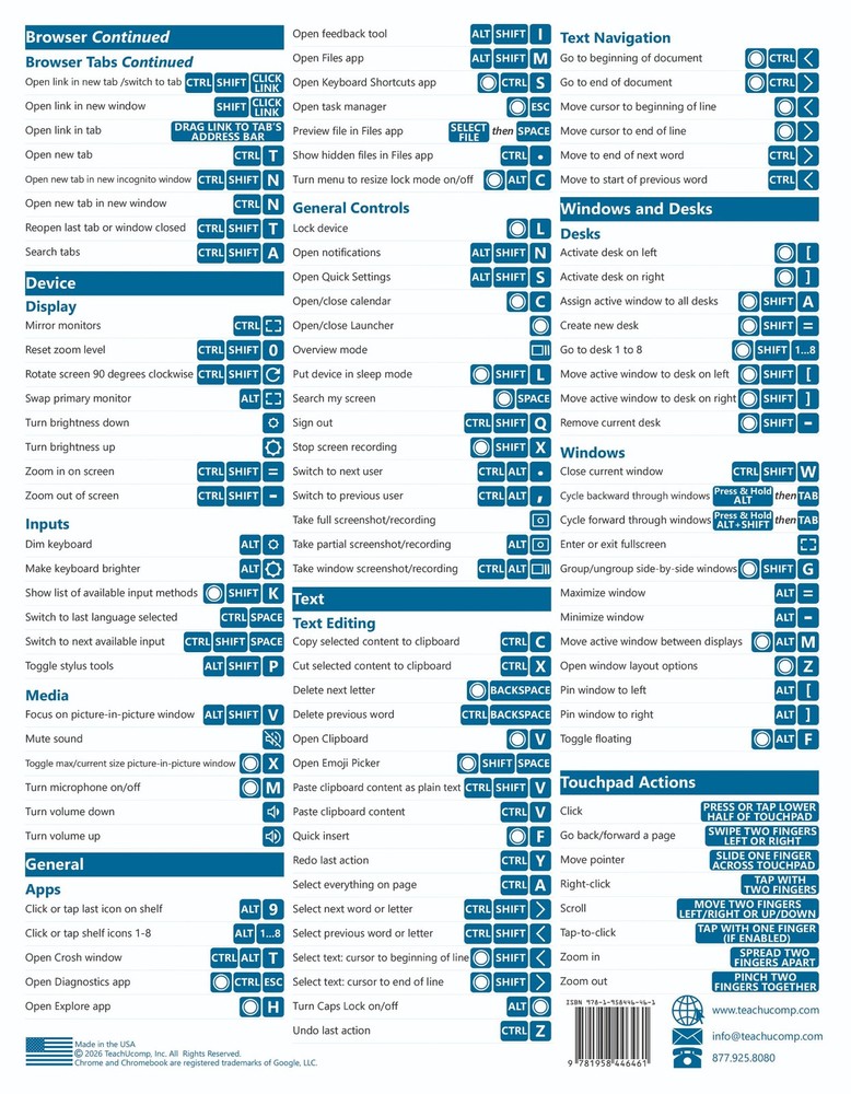 Chrome OS for Chromebook Keyboard Shortcuts Guide Quick Reference Cheat Sheet