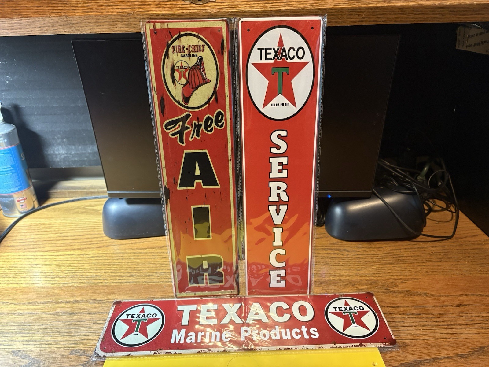 3-TEXACO MARINE PRODUCTS-SERVICE-FREE AIR METAL SIGNS 4x16”NIP MANCAVE/SHOP/ETC