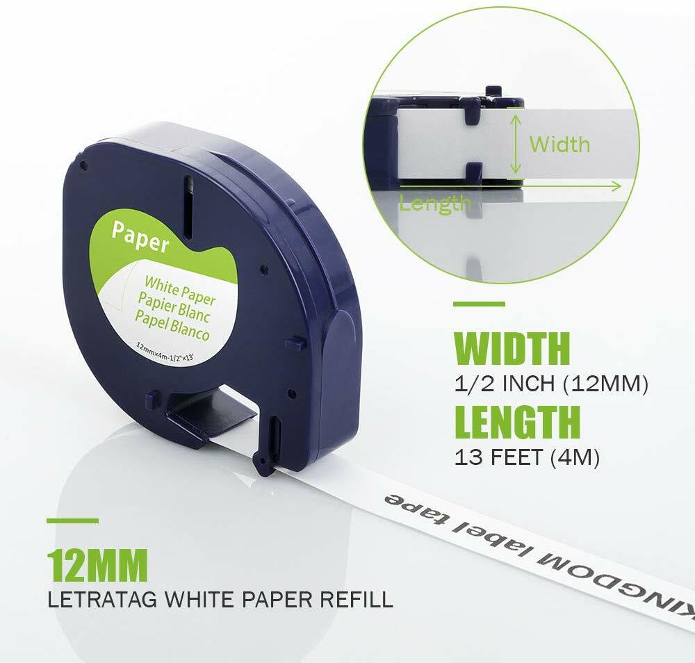 5 Pack Replace DYMO LetraTag Refills 91330 10697 White Paper Label Tape 12mm 4m