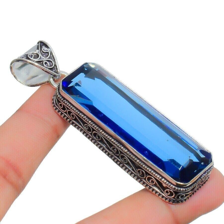Blue Tanzanite Gemstone Handmade 925 Sterling Silver Jewelry BaguetteCut Pendant