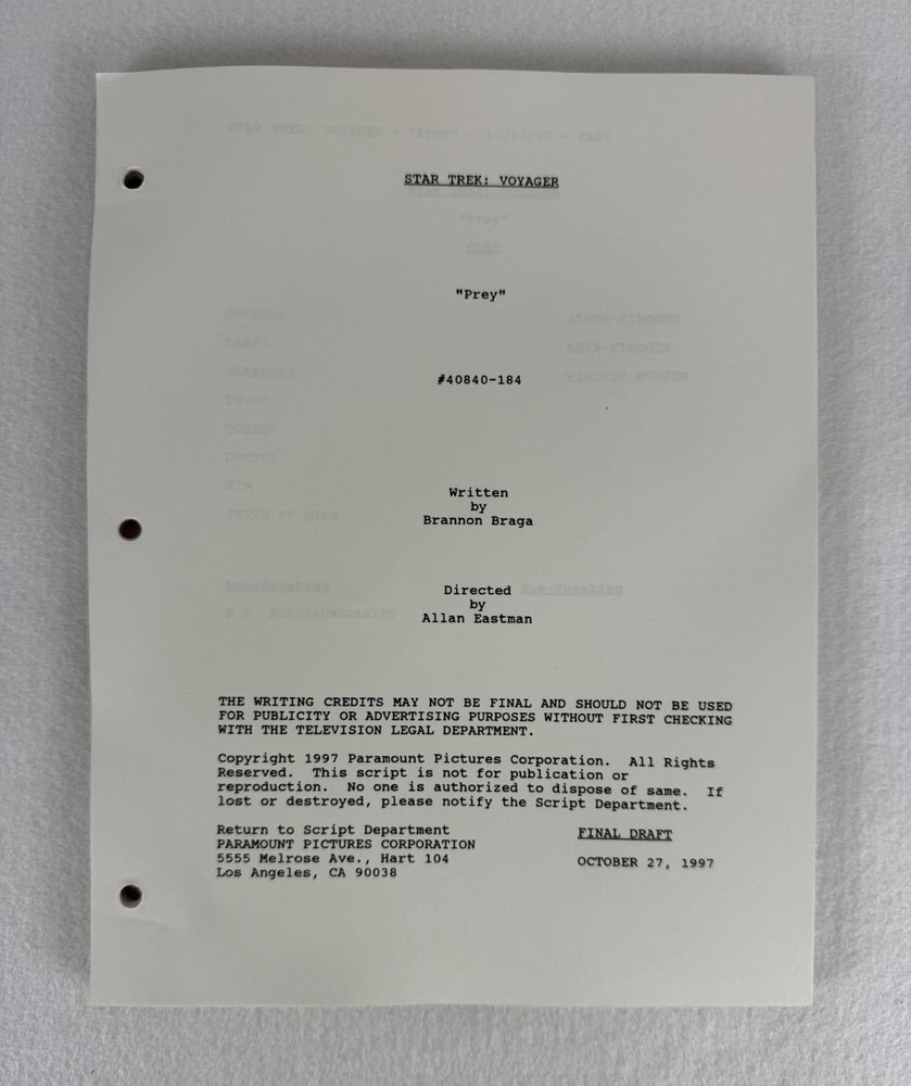 Star Trek Voyager “Prey” Final Draft Script (10/27/1997)