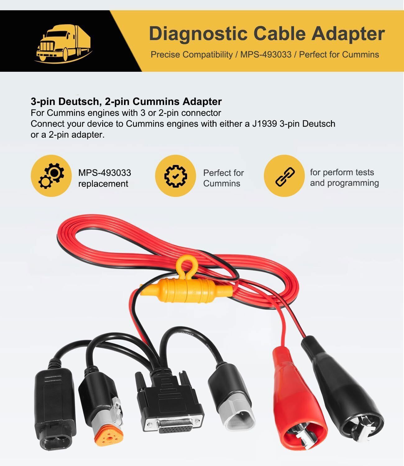 MPS-493033 Diagnostic Adapter Cable for Cummins 3-Pin Deutsch USB-Link 2 Link 3