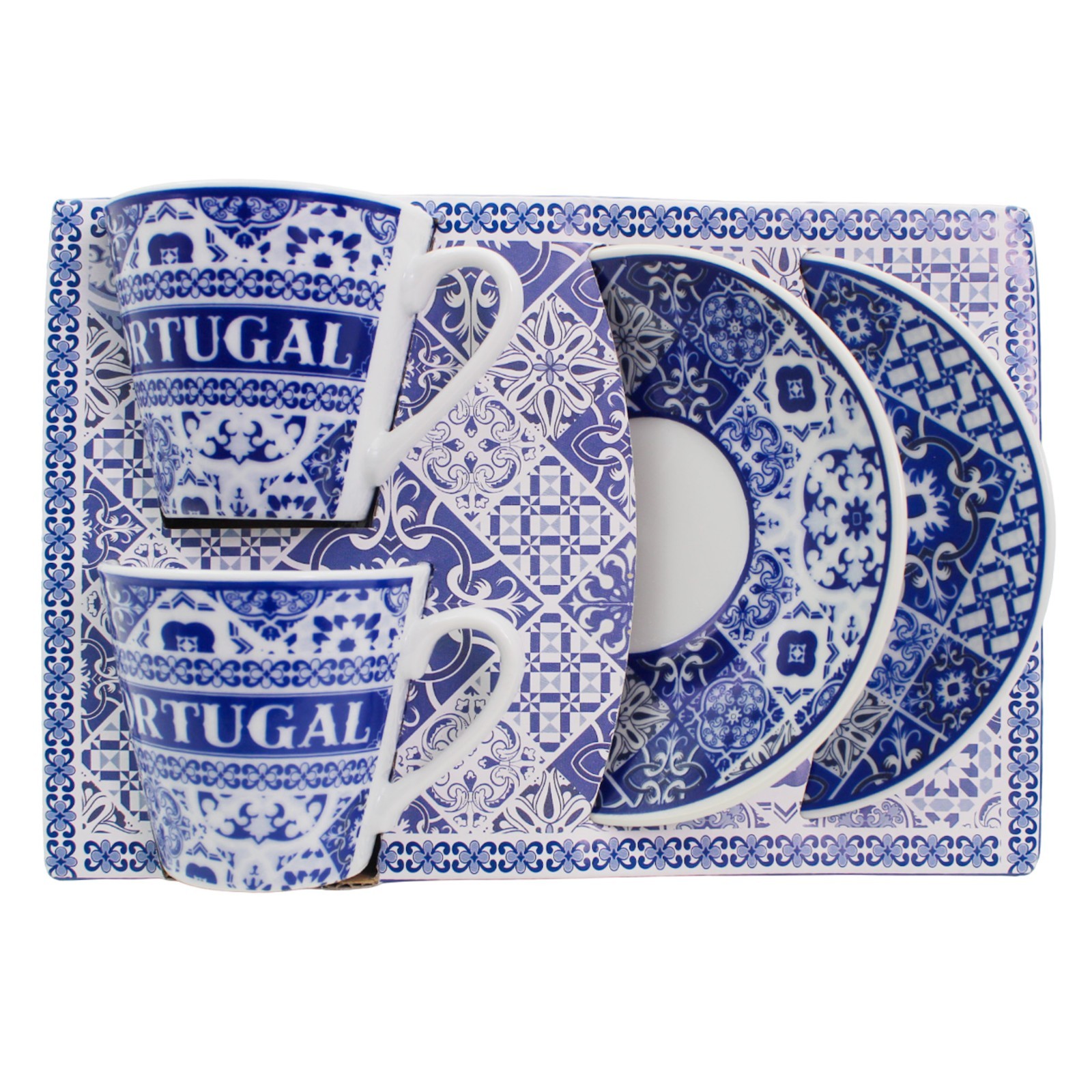 Portuguese Azulejo Espresso Cup & Saucer Set - Blue Tile Design, Set of 2