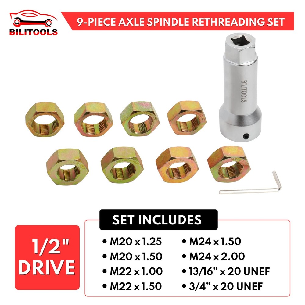 BILITOOLS Axle Spindle Rethreading Tool Kit, 10-Piece Wheel Stud Thread...