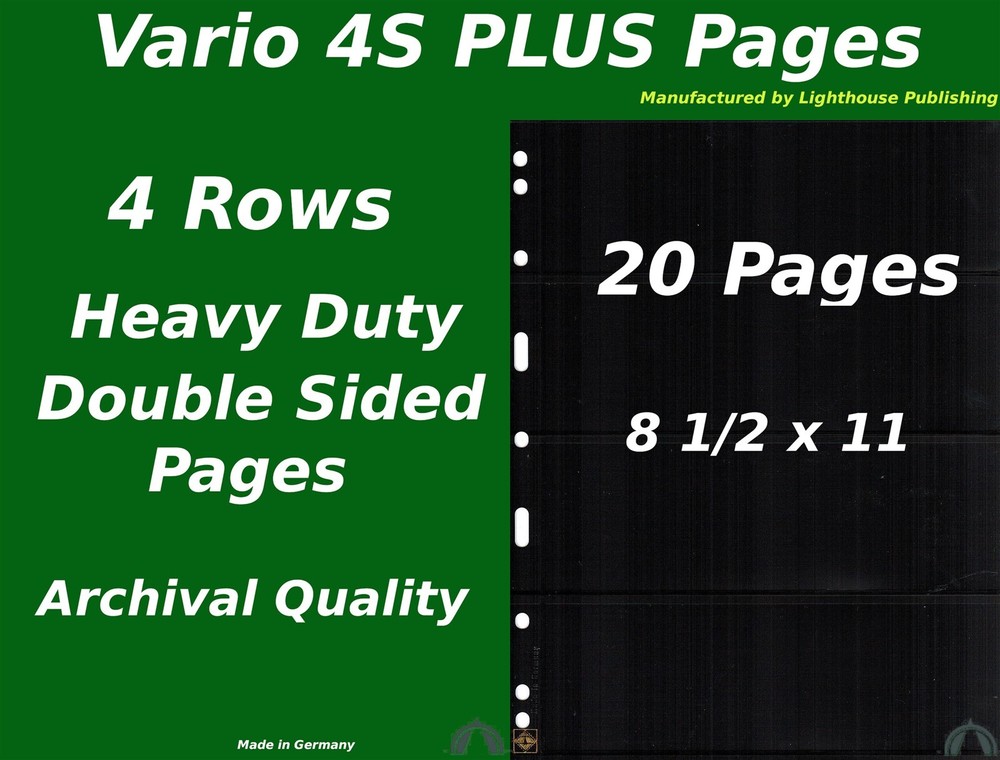 20 VARIO 4S PLUS Pocket Double Sided Pages for Stamp and Other Collecting, Black