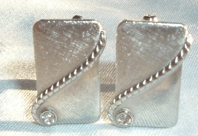 VINTAGES SILVER-TONE WHITE RHINESTONE RECTANGULAR CUFFLINKS