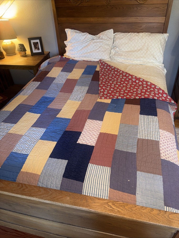 Vintage Hand Quilted Patchwork Quilt Primitive Full 1940s