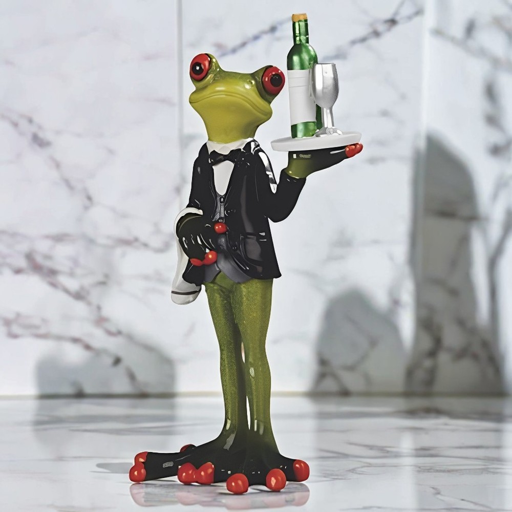 7"H Frog Bartender Serving Wine Figurine