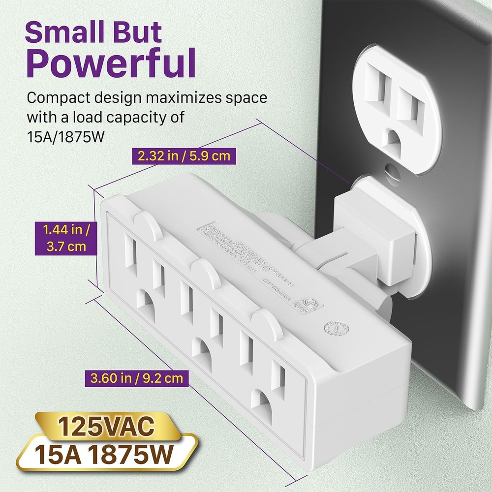 Three way rotating outlet plug adapter right angle wall extender grounded