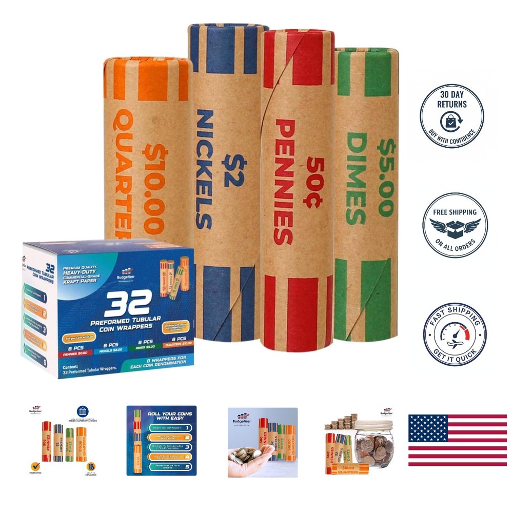Durable 32 Coin Rolls Wraps - ABA Standard Color-Coded for Effortless Organizing