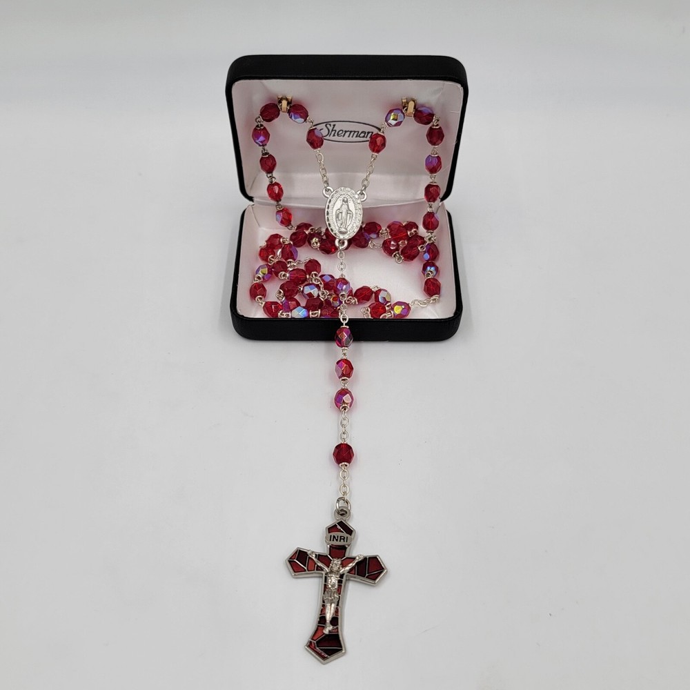 Sherman Ruby Red Rosary With Mosaic Crucifix Christian Catholic New