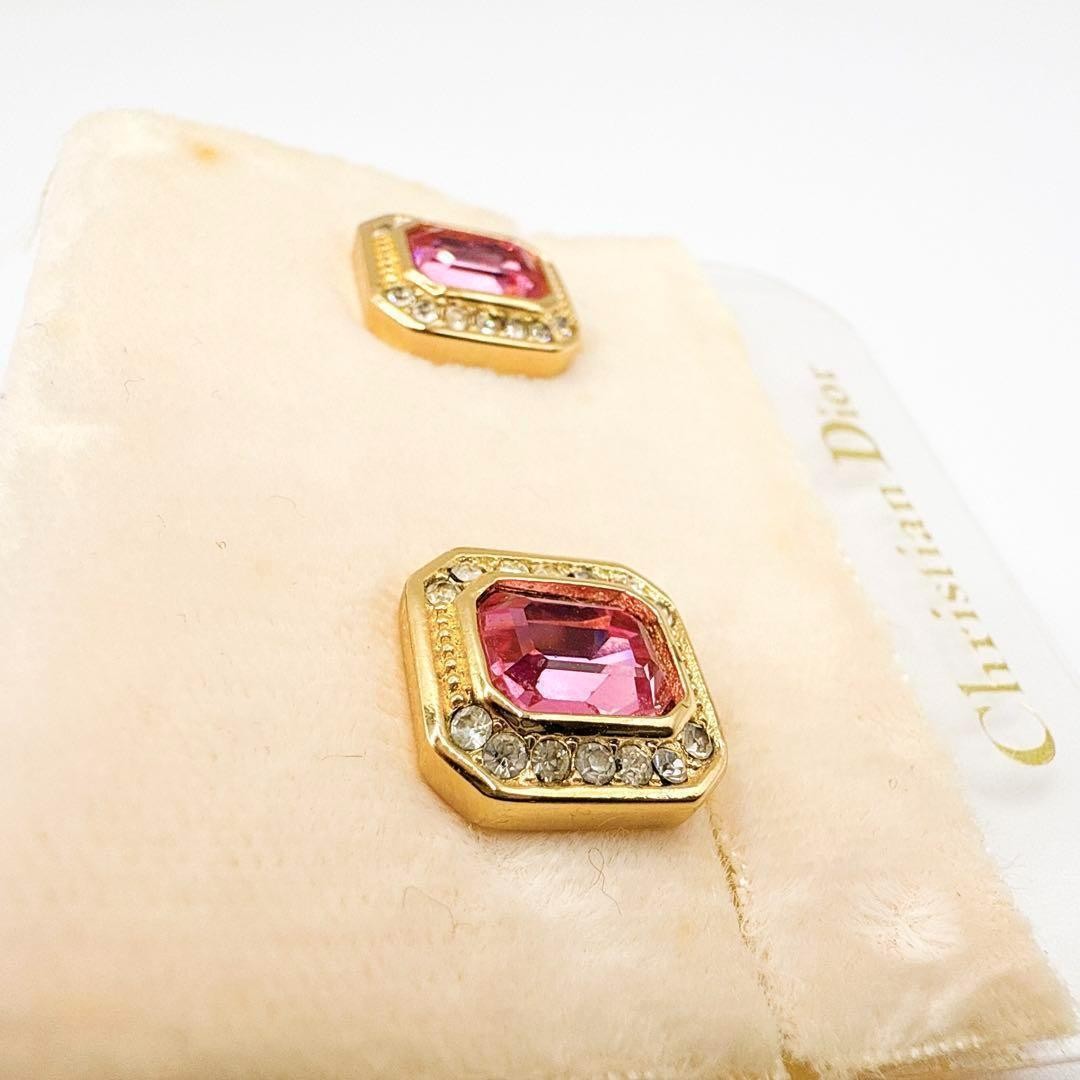Christian Dior Earrings Pink Stone Crystal Rhinestone Gold Metal Accessories