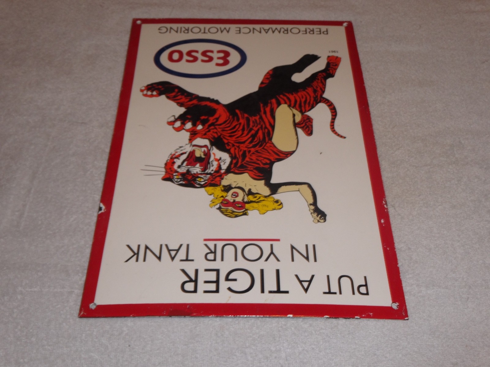 VINTAGE 1961 "ESSO CAT WOMAN RIDING TIGER" 18" PORCELAIN METAL GASOLINE OIL SIGN