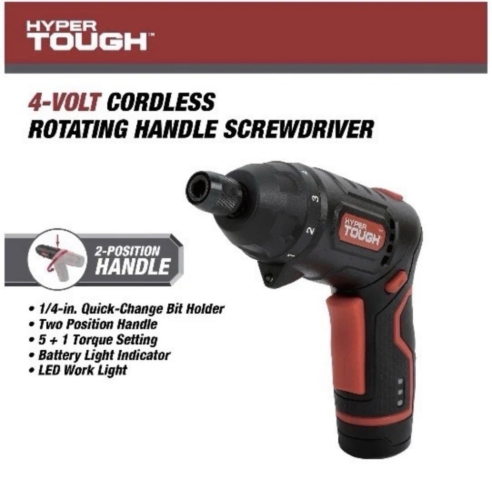 HYPER TOUGH 4V Rotating Head Cordless Screwdriver 2-Position Handle 6062