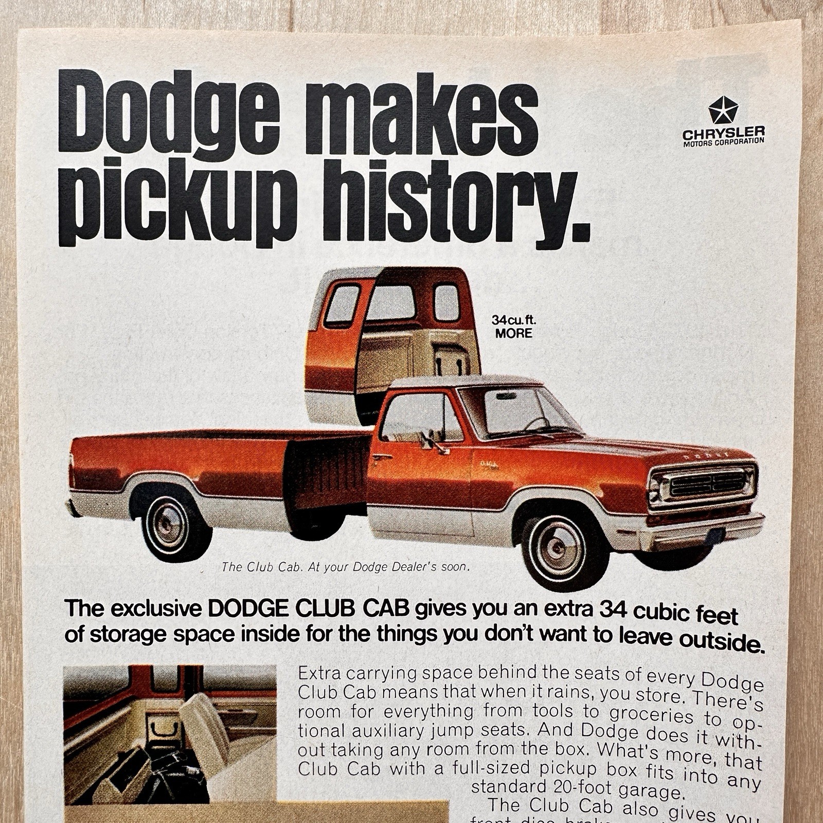 1973 Dodge Club Cab Pickup Truck Makes History Vintage Print Ad Auto Advert