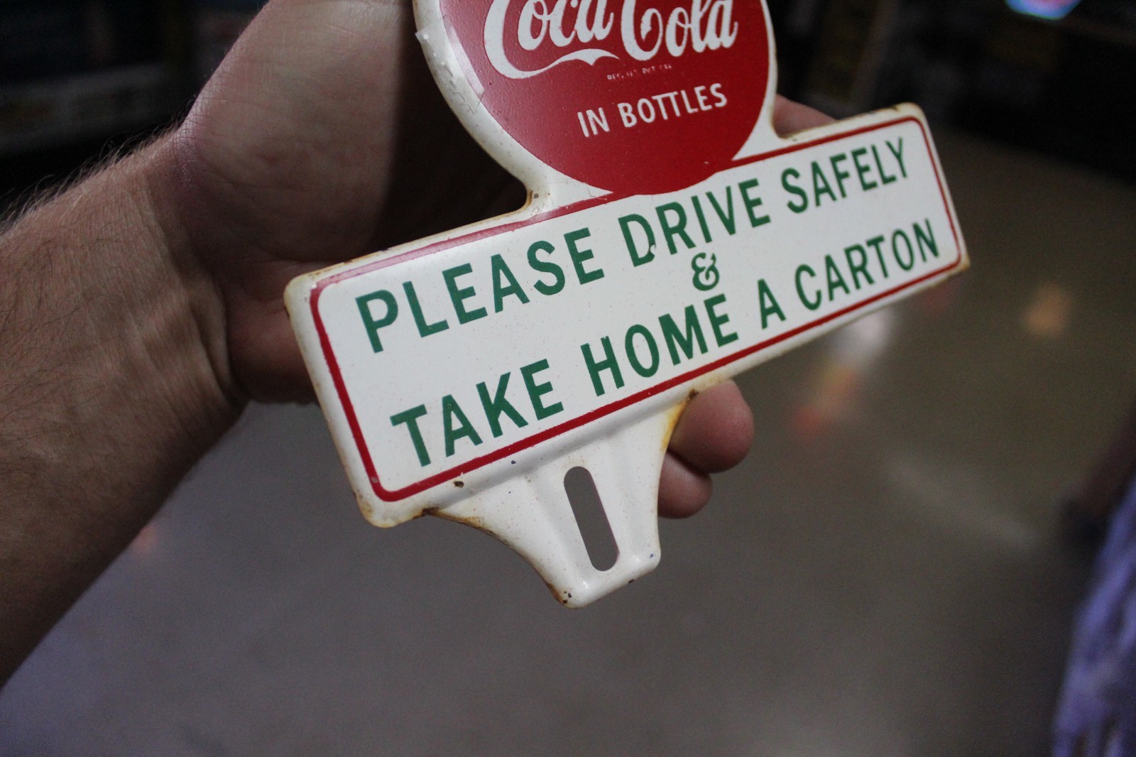 RARE 1950s DRINK COCA COLA DRIVE SAFELY STAMPED PAINTED METAL TOPPER SIGN SODA