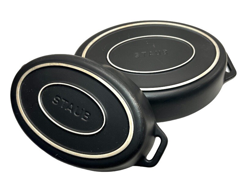 Staub Ceramic Oval 2-pc Nesting Baking Dish Set Gratin Casserole; Black Matte