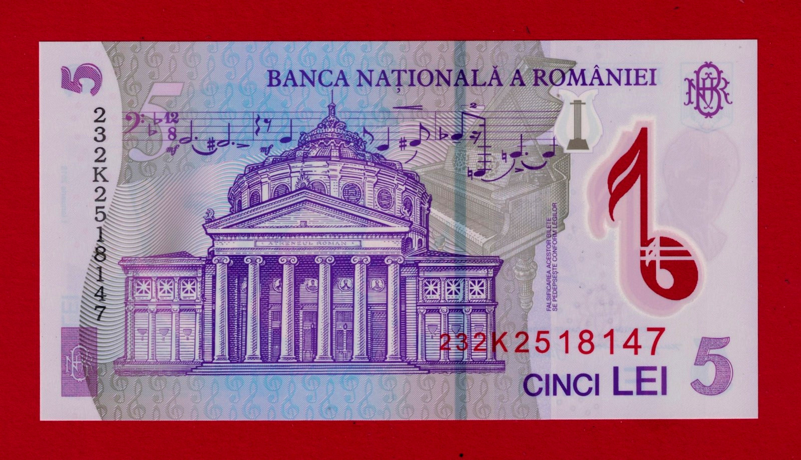 ROMANIA 5Lei 2018 / 2023 UNC Polymer GEROGE ENESCU Musician & Politician (P-118)