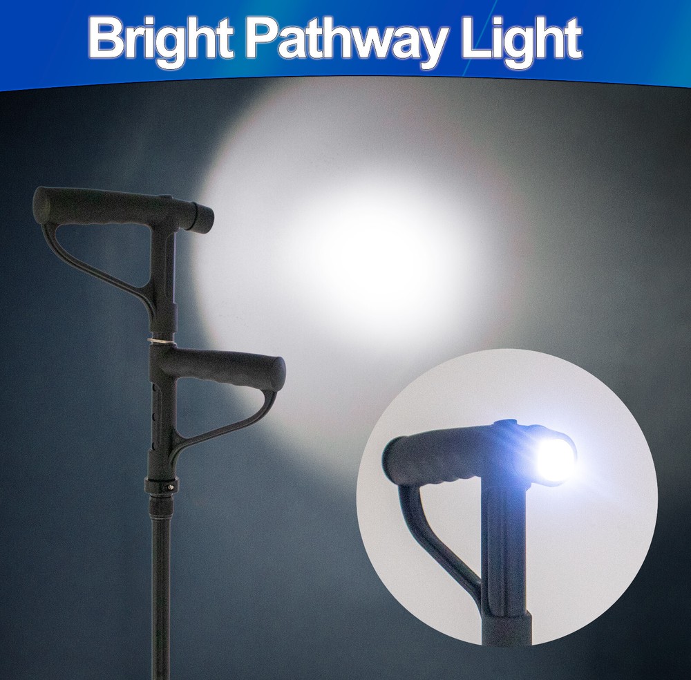 Walking Cane w LED Light 2nd Rotating Support Handle Folding Self Standing Base