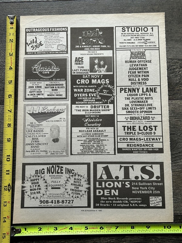 KISS Concert Ad Advert ACE FREHLEY Nov6 1992 Rock House Asbury NJ Vintage Kiss B