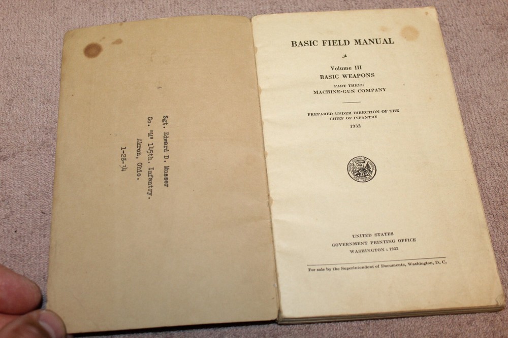 Original Pre WW2 U.S. War Dept "Basic Weapons" "MG Company", Named & 1932 dated