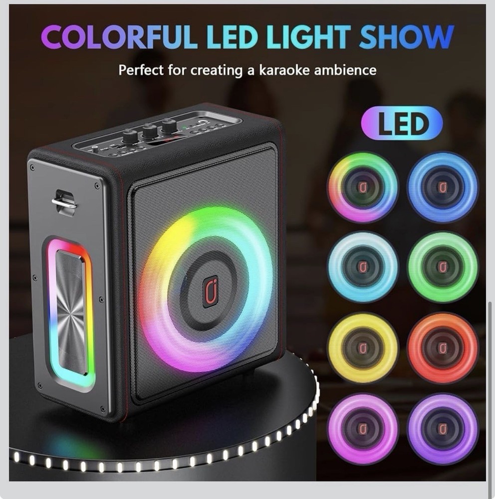 Portable Karaoke System Bluetooth LED Lights 2 Wireless Microphones Remote