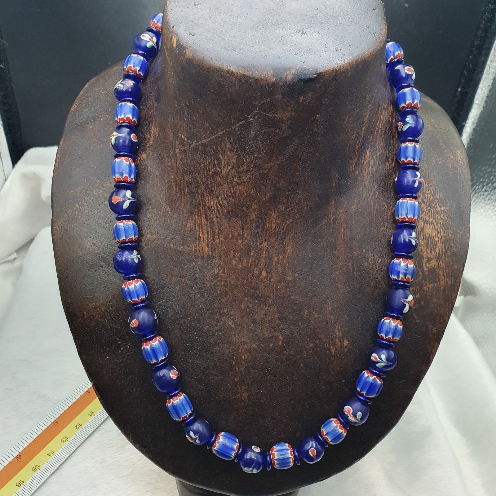 Vintage Venetian Cobalt Blue Floral & Striped Murano Style Beaded Necklace