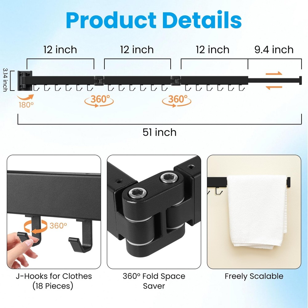 Clothes Drying Rack Wall Mounted, Retractable Collapsible(Tri-Fold) Space Sav...