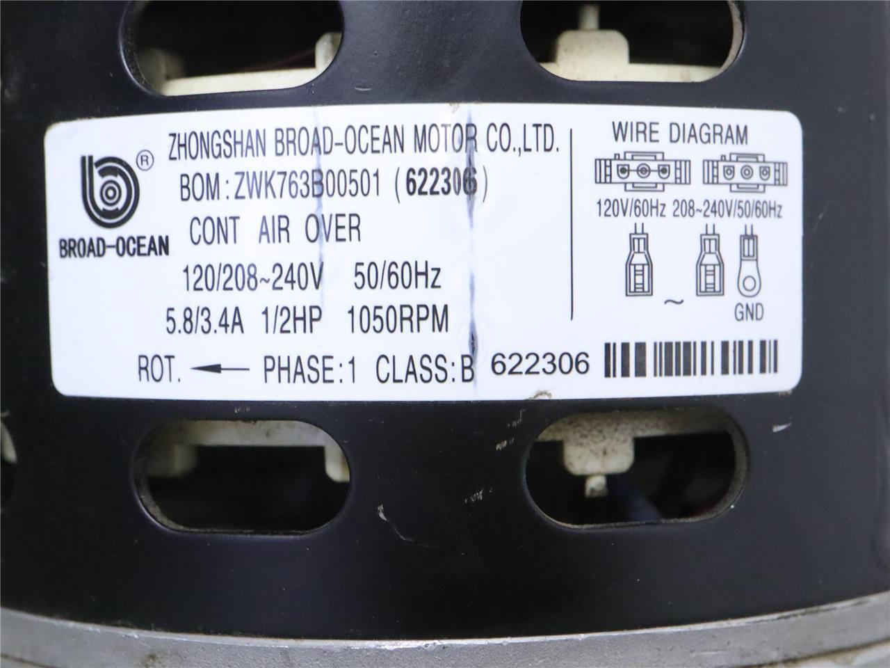 BROADOCEAN ZWK763B00501 622306 ECM Fan Motor 12HP 120208V KMSAH010005 G2U