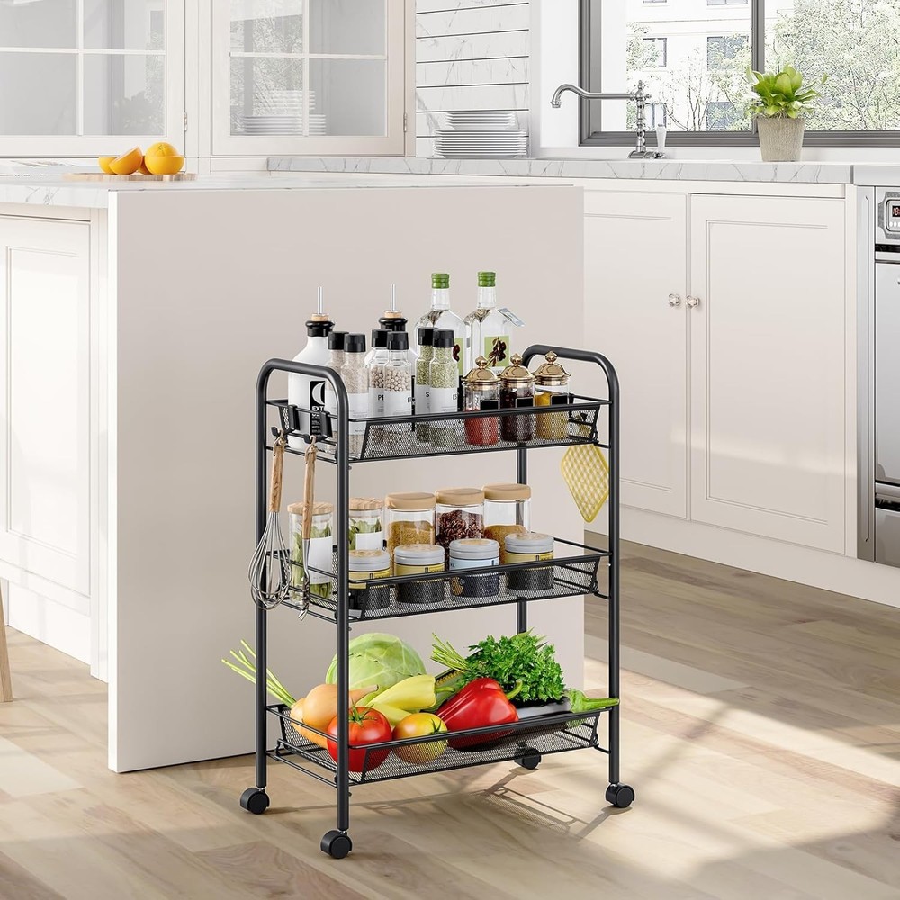 Versatile 3-Tier Rolling Utility Trolley - Space-Efficient Organizer with Hooks