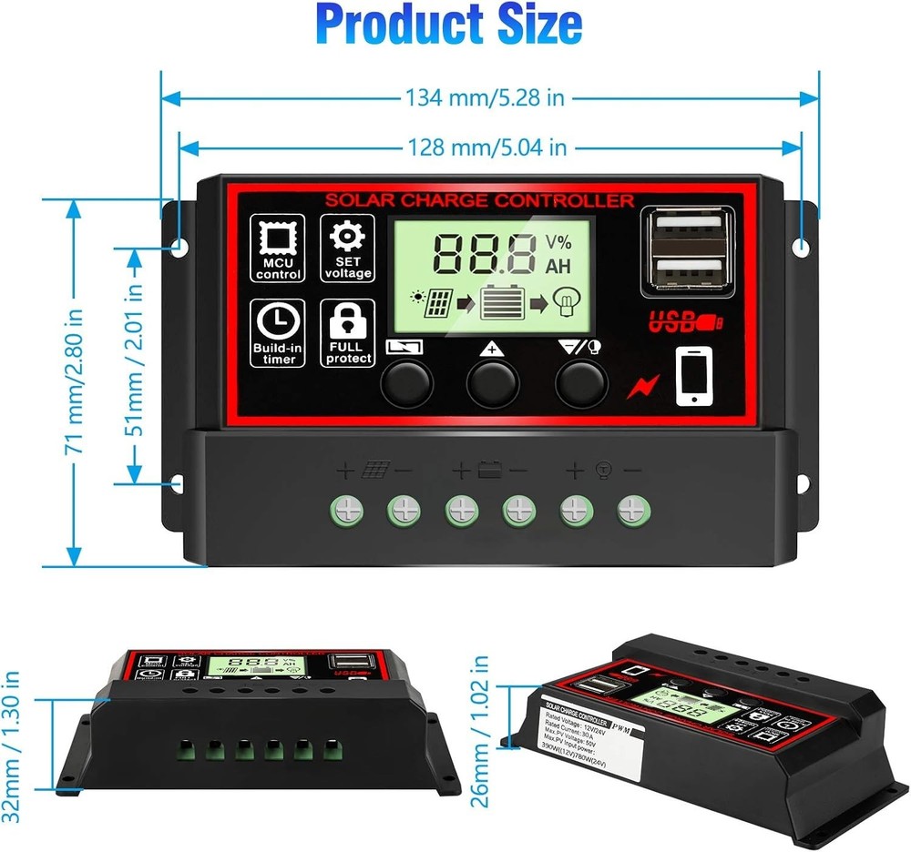 Versatile 30A Solar Charge Controller - Efficient LCD Display & Compact Design