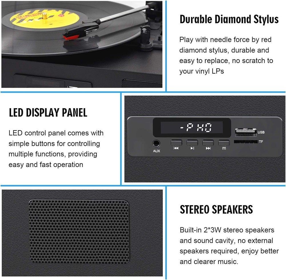 Bluetooth Record Player - 3 Speed Turntable with Built-In Speaker USB Recording