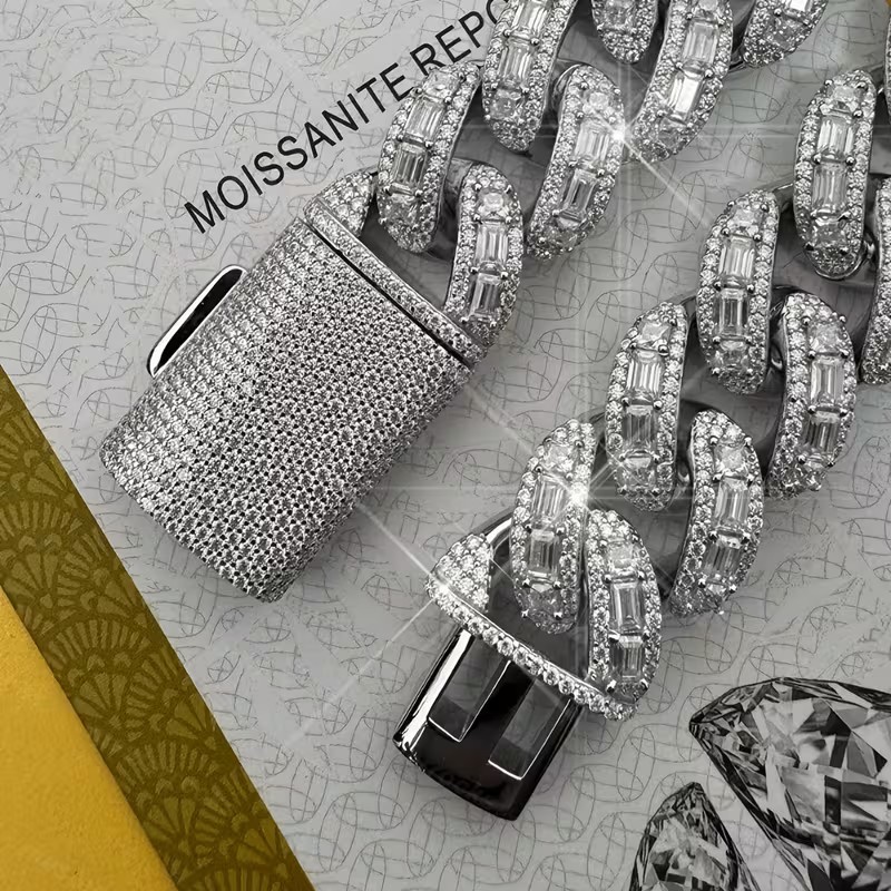 GRA Moissanite Cuban Link Necklace Silver White Baguette Box Clasp